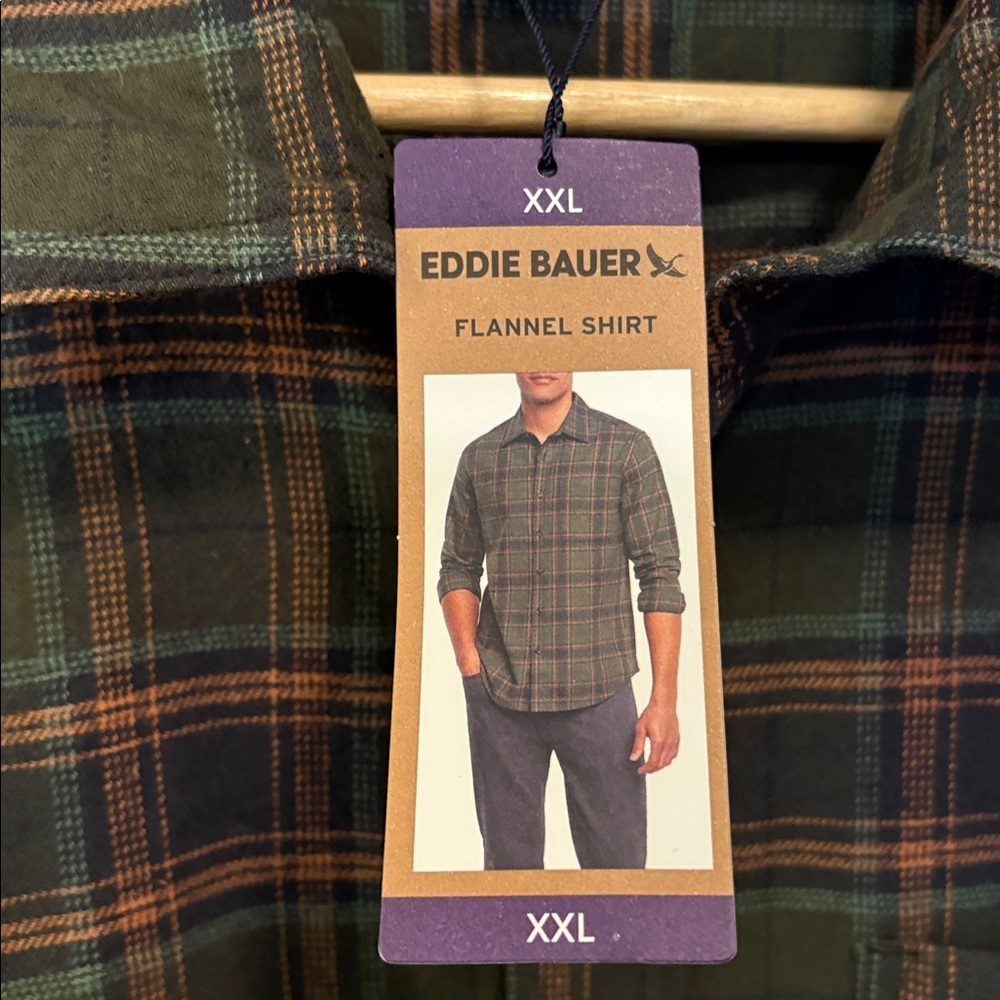Eddie Bauer Olive Green and Navy Plaid Flannel Button-Down Shirt Sz XXL - Picture 3 of 7